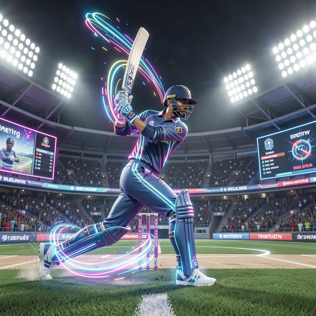 Neon cricket player striking the ball with dynamic light trails and stadium energy representing fast paced sports betting on 6NN