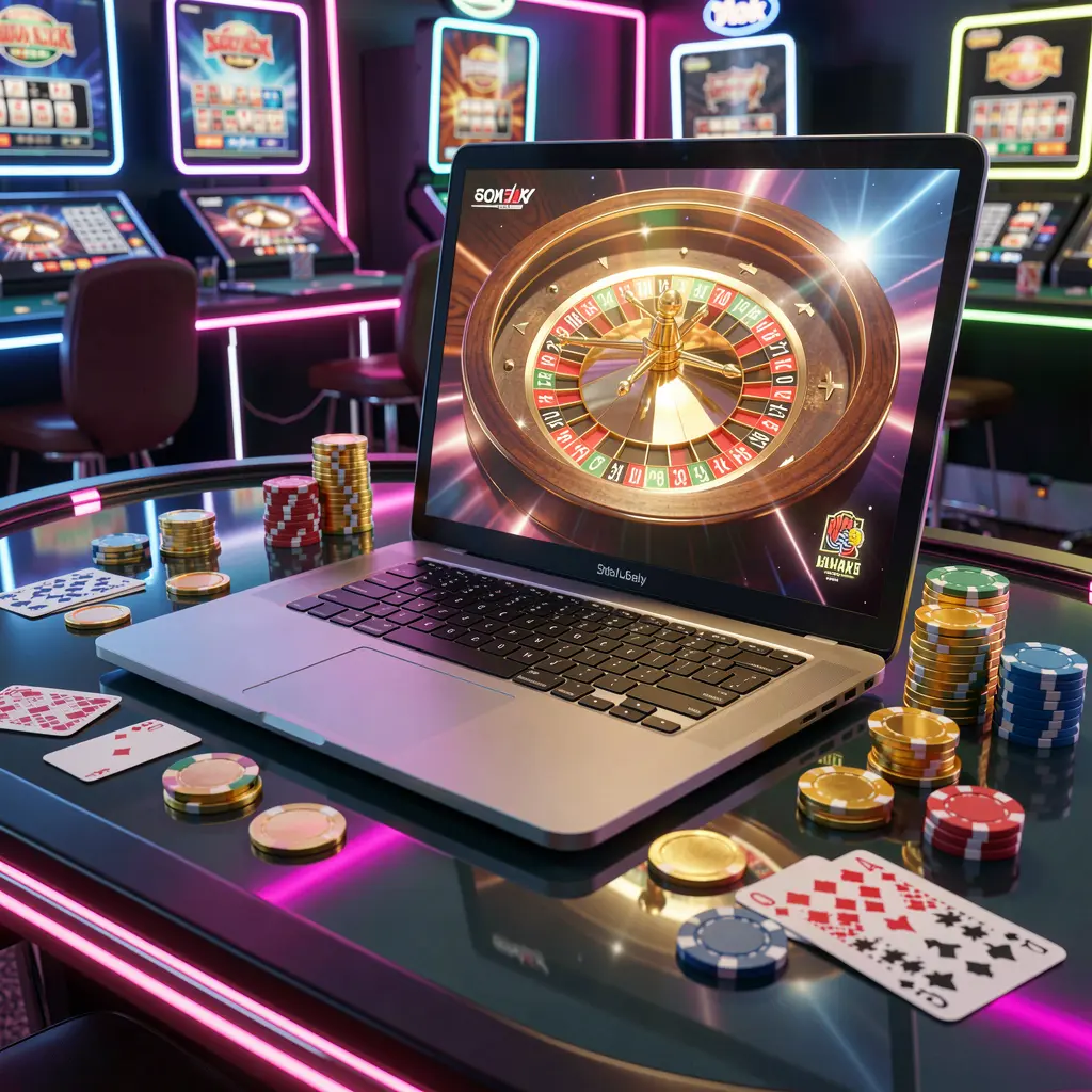 Sleek laptop displaying a vibrant roulette wheel surrounded by casino chips and cards highlighting the immersive online casino experience at 6NN for players in Bangladesh