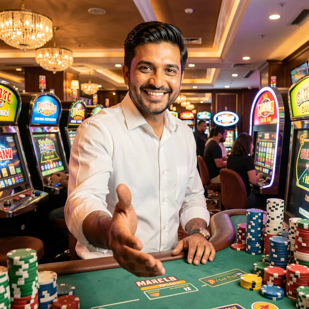Friendly Bangladeshi live casino dealer reaching out with a smile surrounded by glowing chips and casino lights representing the trusted 6NN platform